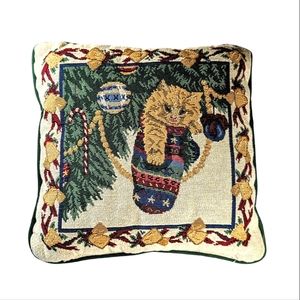 Vintage Christmas Stocking Cat Kitten Tapestry Throw Accent Pillow 12x12